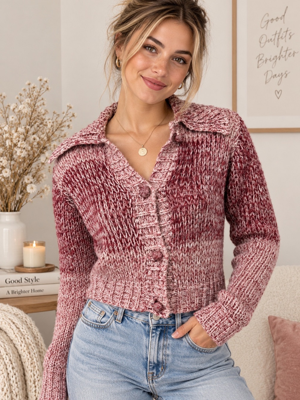 Nasty Gal Pink Marled Chunky Knit Cropped Cardigan Sweater M